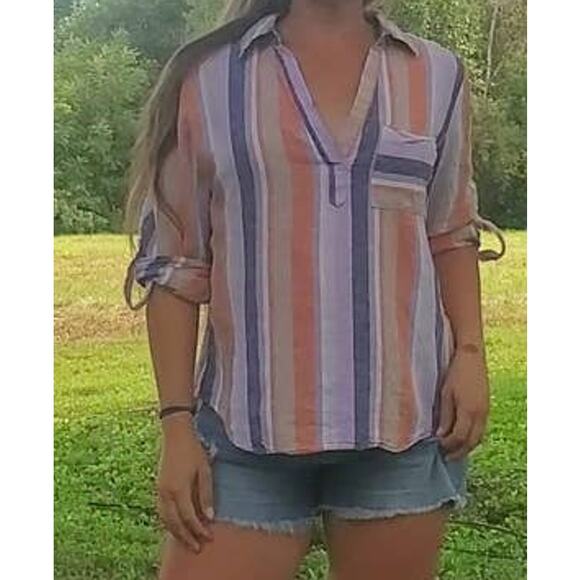 New York & Company button back linen blend top purple tan stripe large - Picture 3 of 3